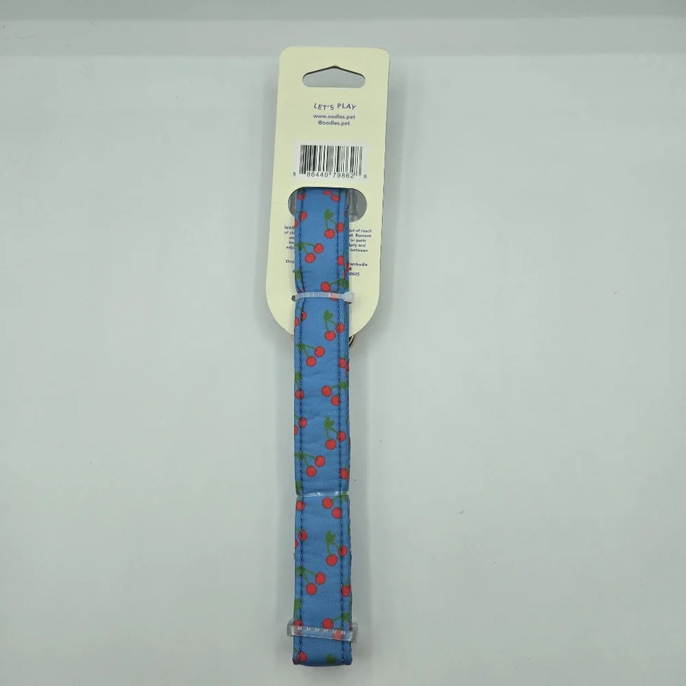 Oodles Blue Tart Cherries Adjustable Fashion Dog Collar, Large Neck Size 17